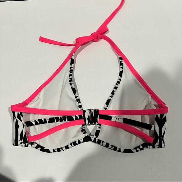 Victoria’s Secret Geometric Halter Black White Pink Trim Swim Bikini Top 32DD - Picture 4 of 9